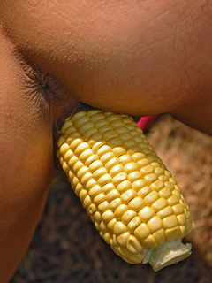 Lustful farmer chick introducing a corncob in her muff and asshole