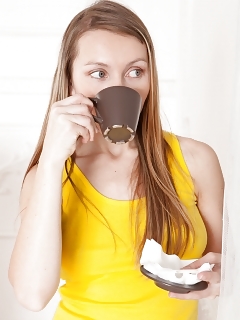 Delightful Stella Is Sipping Her Tea In Her Yellow Blouse And Shorts, And Is Filthy