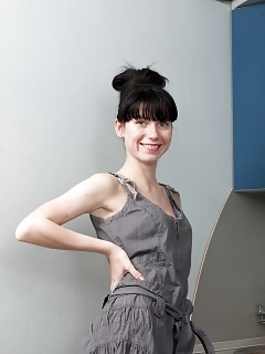 Bonya Looks Dressed Up In Her Grey Dress And Grey Nylons With Black Shoes