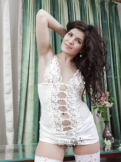 Shy In White She Slides Her Underwears Off So You Can See Her Hairy Twat Hiding Under Her Gown, Right Next To Her Perfect Ass