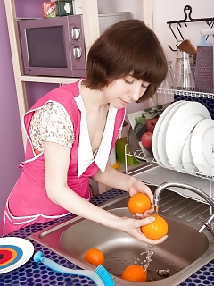 Miki Cleans Some Dishes And Then Nibbles Her Orange. This Delicate Natural Model Gets Naughty And Drips Milks Through Her Beaver.